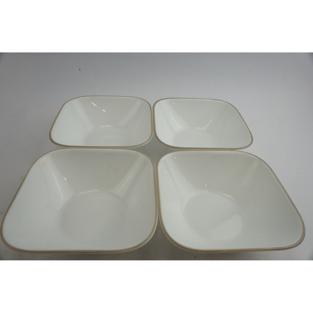 Corning Corelle Vitrelle Cereal‎ Bowls Set of 4 White Tan Rim Square Glass VGC